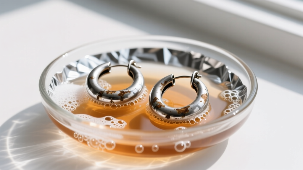 Tarnished silver hoop earrings in a glass dish lined with aluminum foil and a bubbling hot baking soda water cleaning solution.