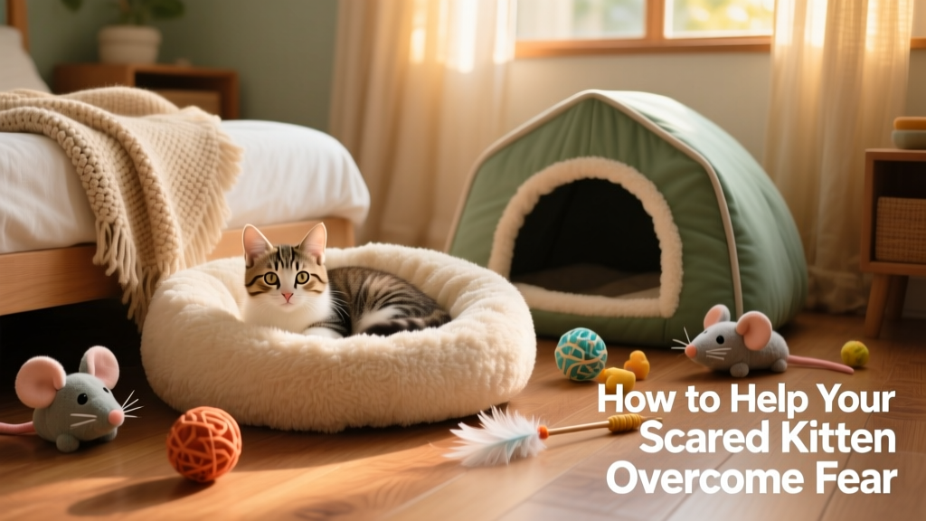 A cozy, softly lit room with a kitten resting in a plush bed beside a covered den and a scattering of safe toys
