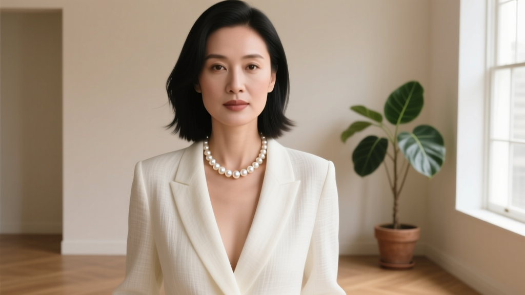Woman wearing a deep v-neck linen blazer with the 18-inch Iris and Lily freshwater pearl necklace in soft natural light