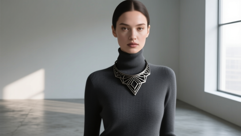 Woman wearing a charcoal turtleneck sweater paired with a subtle dark metal fantasy collar necklace, soft natural window light