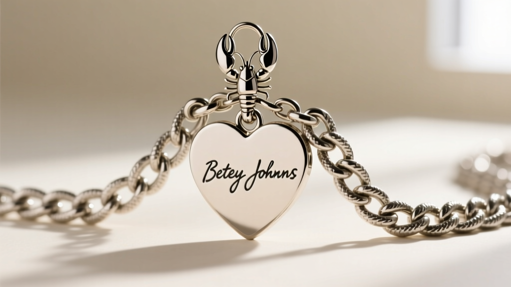 Macro photography of a Betsey Johnson signature heart-shaped metal hang tag attached to a lobster clasp on a chunky chain