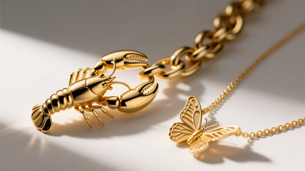 Extreme close-up of a solid 14k gold lobster clasp and sturdy rolo chain links attached to a delicate gold butterfly necklace.