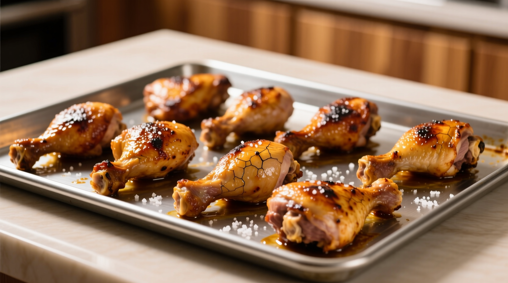 Golden brown chicken thighs on baking sheet
