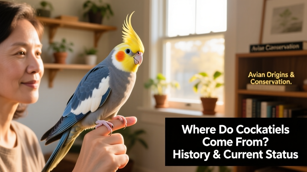 A hand-raised cockatiel perched comfortably on a person's finger, making eye contact