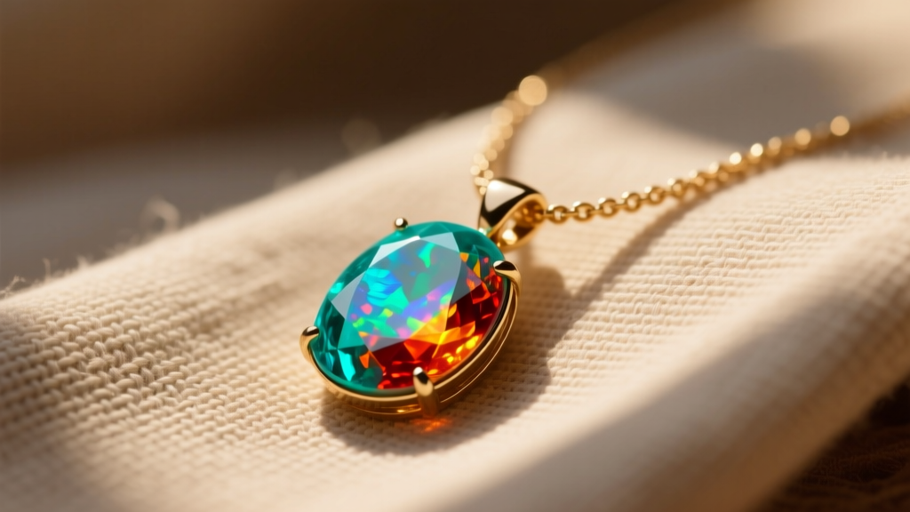 Close-up of a vibrant turquoise and fire opal pendant necklace resting on textured linen cloth, bathed in warm natural sunlight.