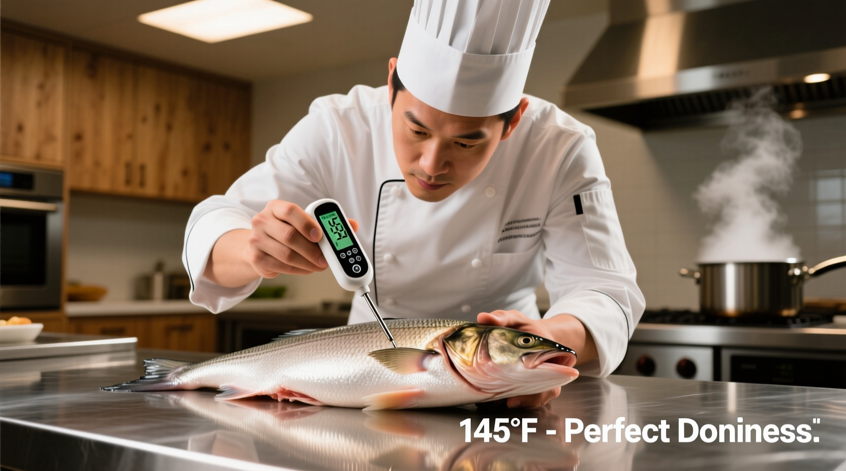 Chef checking fish temperature with digital thermometer
