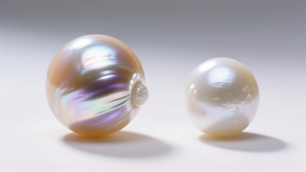 Side-by-side view of a lustrous South Sea pearl and a chalky freshwater pearl showing nacre depth and surface shine differences