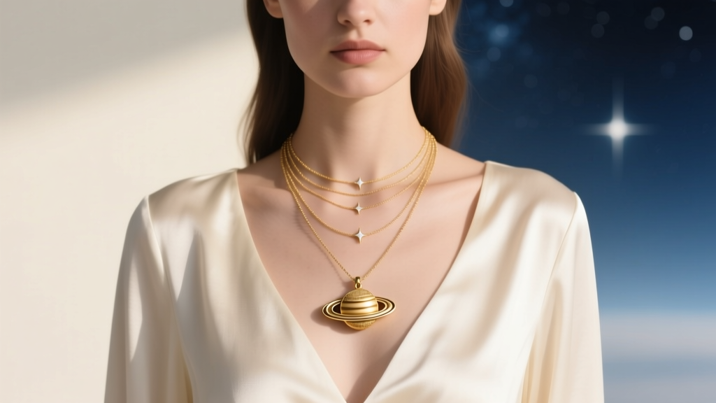 Model wearing a layered celestial necklace stack, featuring a small saturn planet necklace centerpiece against a cream silk top.