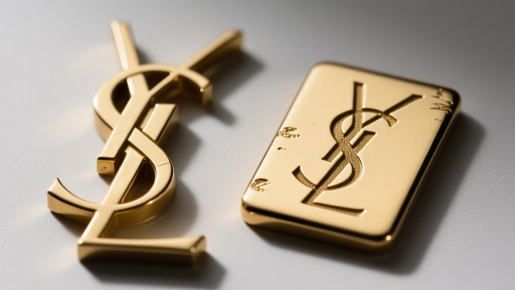 Macro comparison of authentic deep-stamped YSL logo hallmarks versus shallow laser-etched counterfeit markings on brass metal.