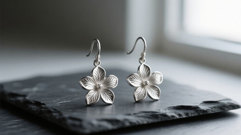 Sterling silver dangle flower earrings on dark slate, showing detailed petal textures and slight natural tarnish in deep crevices.