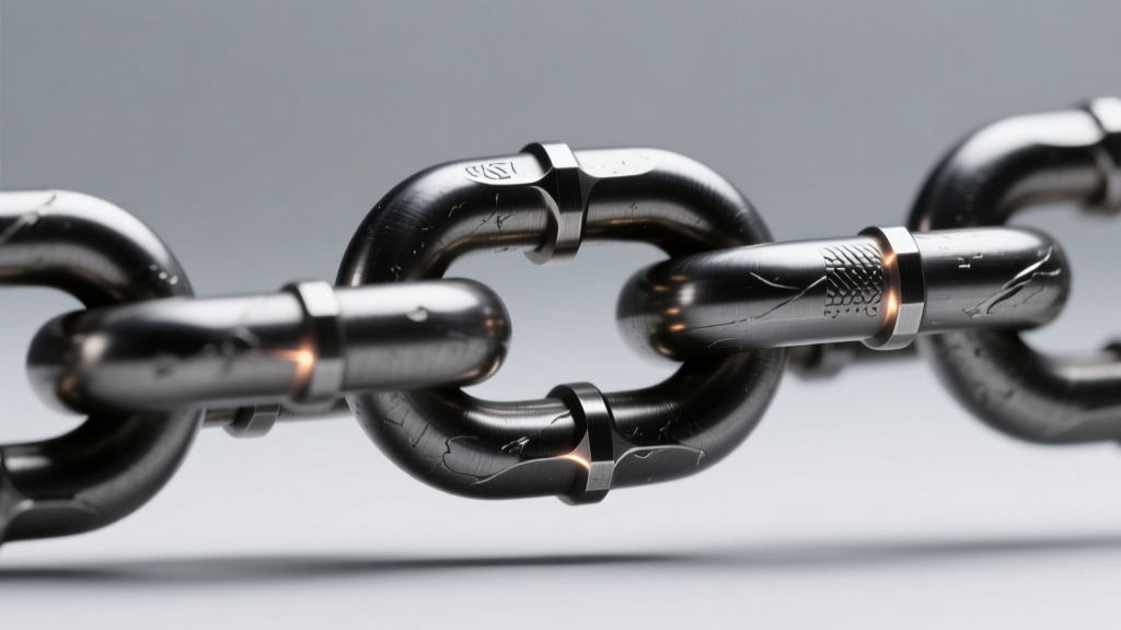 Macro shot of a laser-welded tungsten carbide rope chain link, highlighting the dark gunmetal finish and precise metal joints.