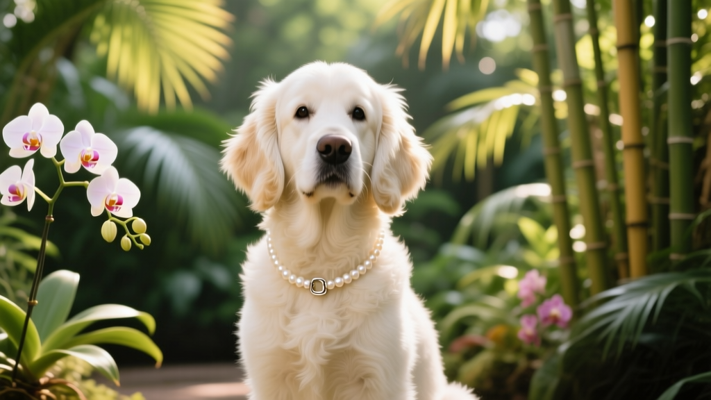 White Goldendoodle wearing a freshwater pearl necklace with a breakaway clasp, sitting in a bright sunlit botanical garden.