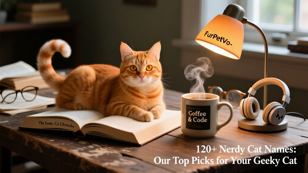 A ginger cat lounging on an open hardcover book beside a steaming mug and a FurPetVo-branded reading lamp