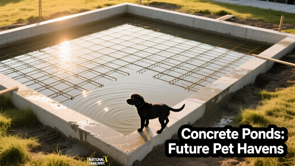 Aerial view of a newly poured concrete pond under construction, showing clean edges and rebar framework