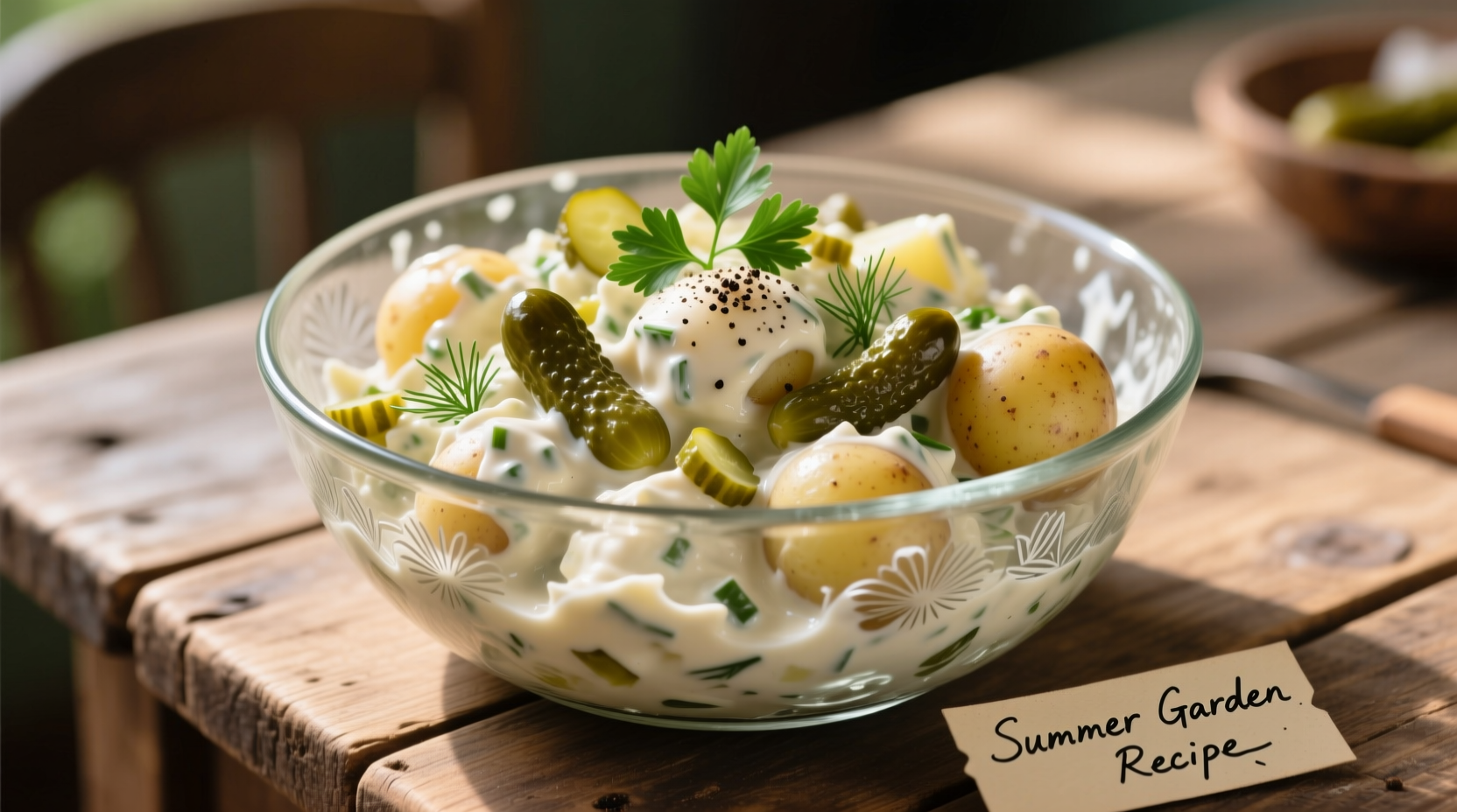 Creamy potato salad with dill pickles in glass bowl
