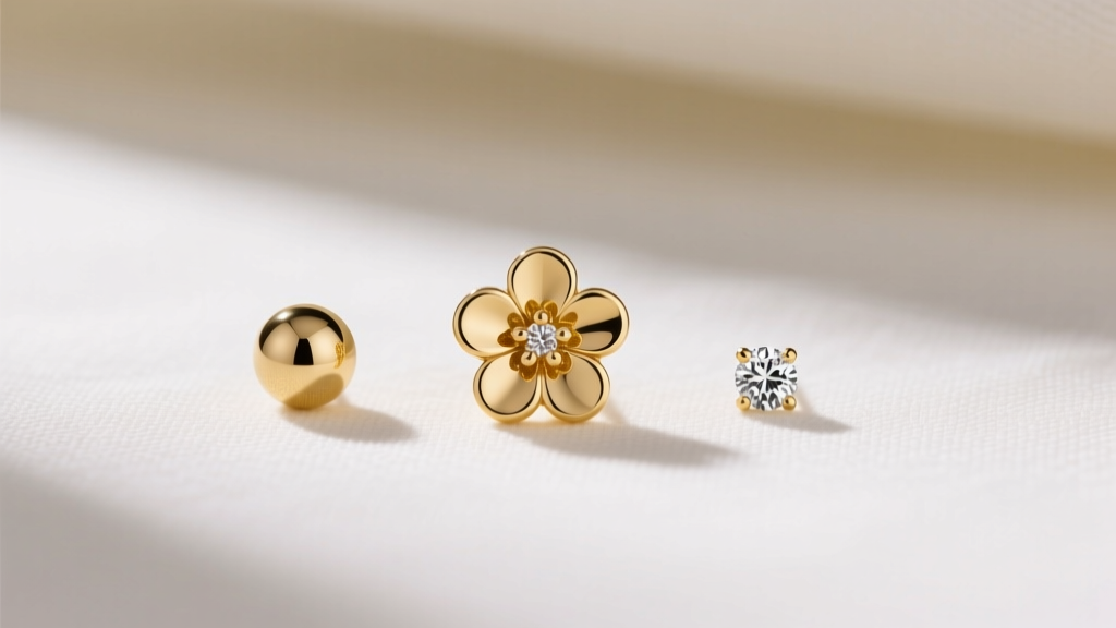 Flat lay of three gold earrings: a 6mm floral cluster, a 4mm plain gold ball, and a 2mm tiny diamond, arranged in a neat line