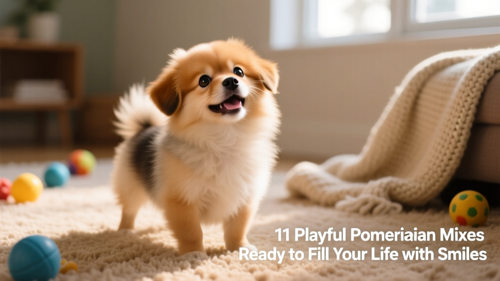 Damerianian puppy on carpet looking up at the camera