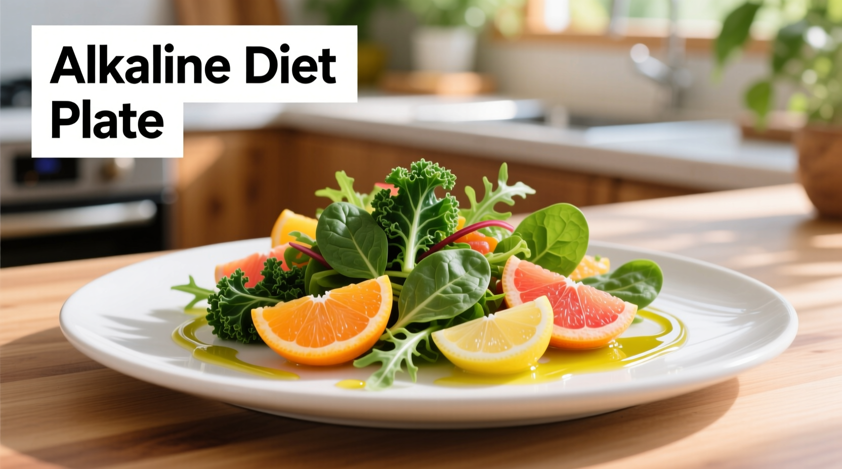 Colorful plate of alkaline diet foods including leafy greens and citrus