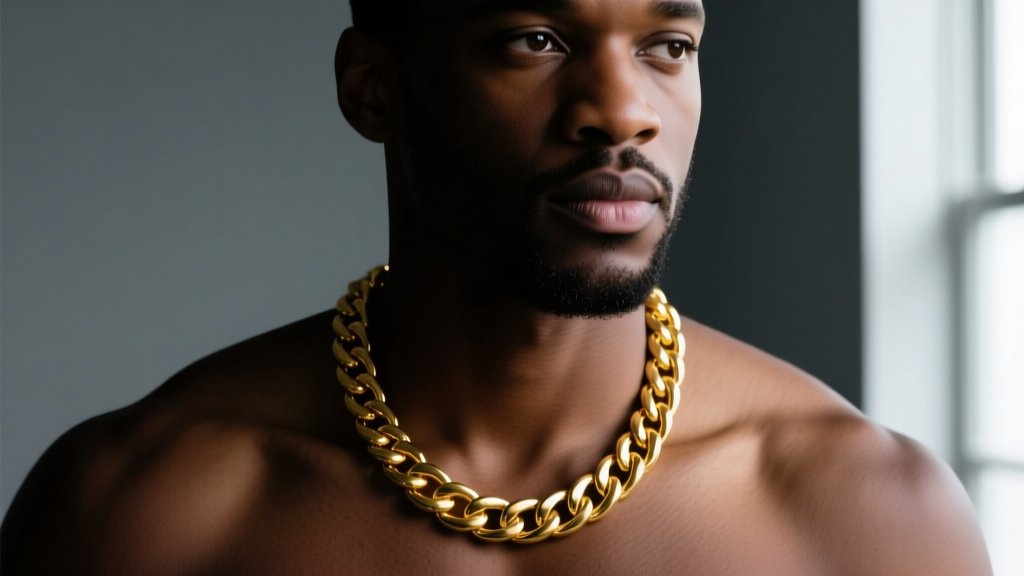 Close-up of a man wearing a 20-inch 14k yellow gold Cuban link chain resting on his collarbone, shot in moody studio lighting