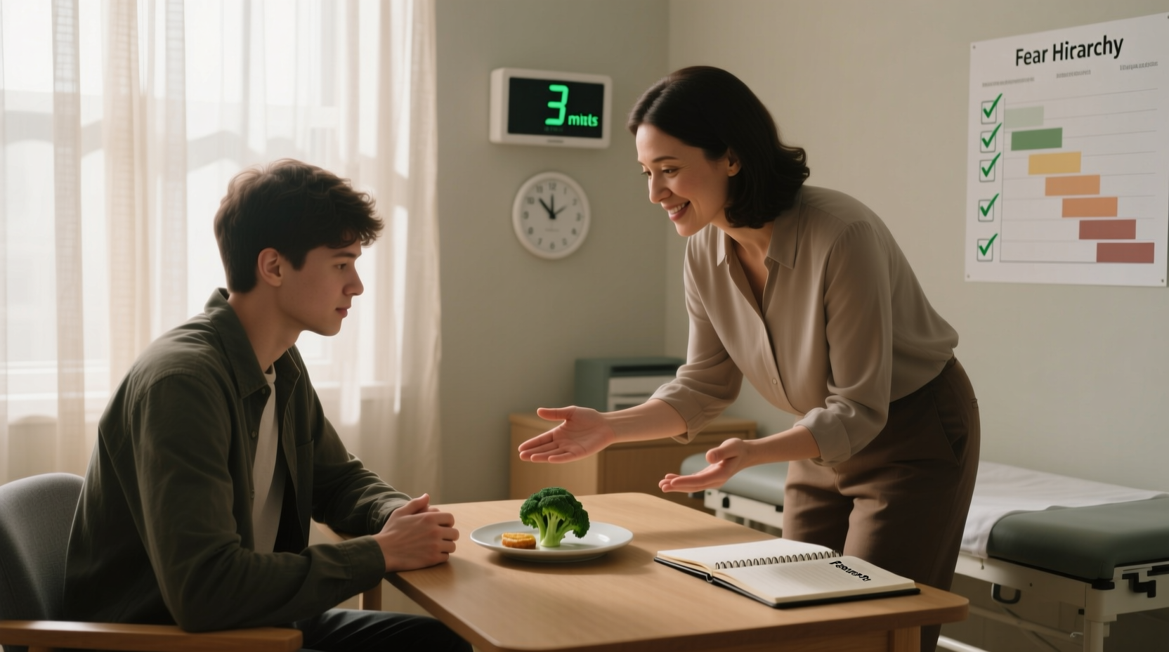 Therapist guiding gradual food exposure session