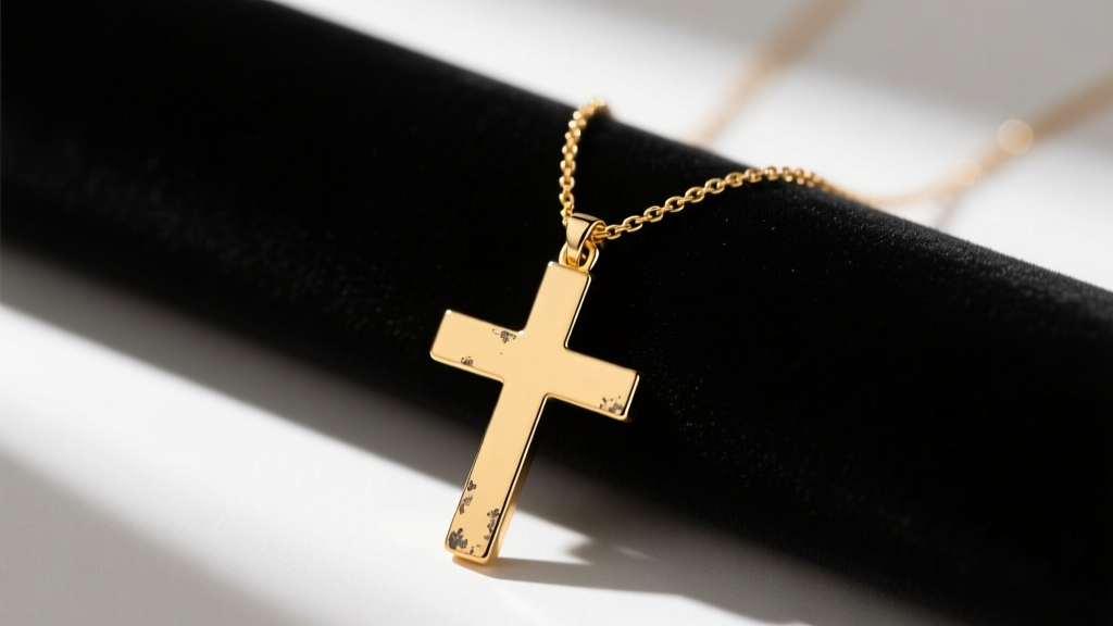 Trendy gold cross necklace showing slight tarnish on pendant edges, resting on dark velvet under soft directional studio lighting.