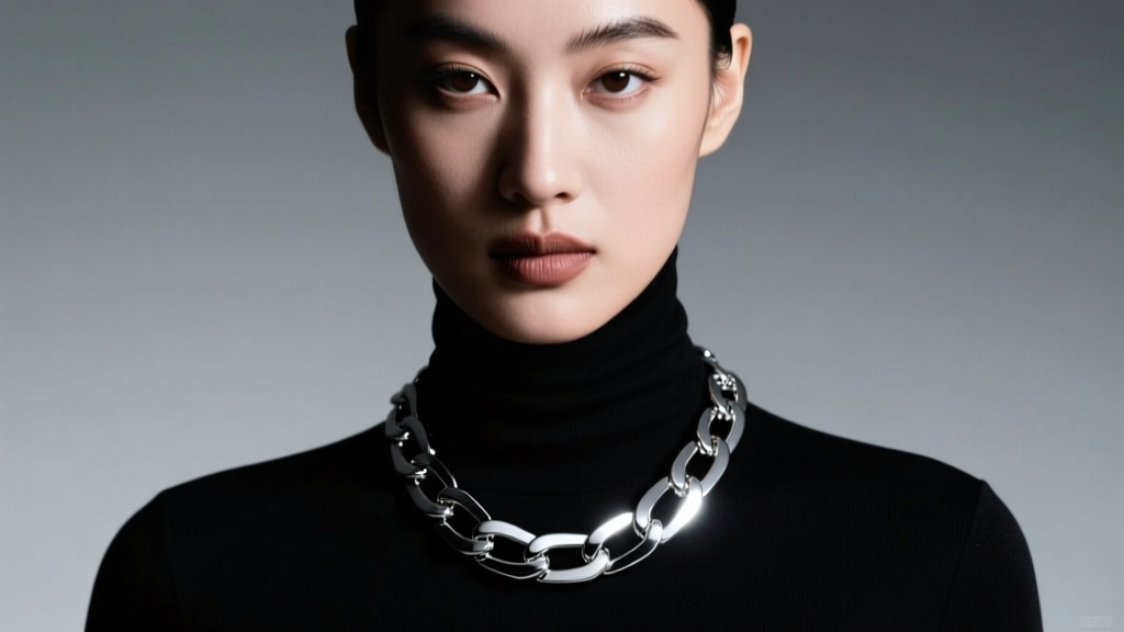 Fashion shot of a model wearing a 14mm brushed silver Cuban link necklace over a black turtleneck, dramatic studio lighting
