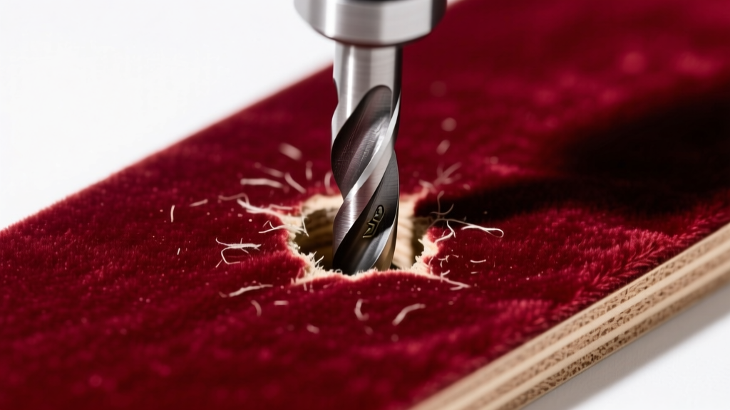 Top-down view of a drill bit piercing velvet-lined MDF, creating a precise hole for a 20-gauge sterling silver earring post.
