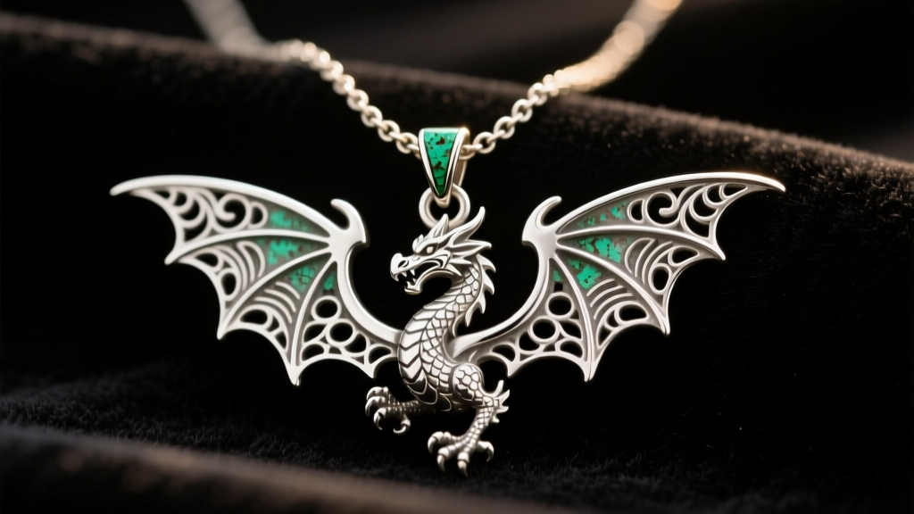 Silver-plated dragon wing pendant necklace on dark velvet, showing green oxidation near the jump ring under warm studio lighting.