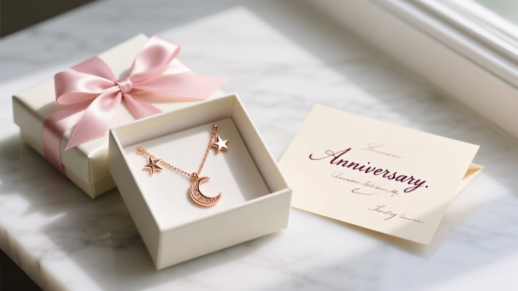 Beautifully wrapped gift box containing a rose gold vermeil moon and star necklace, placed next to a handwritten anniversary card.