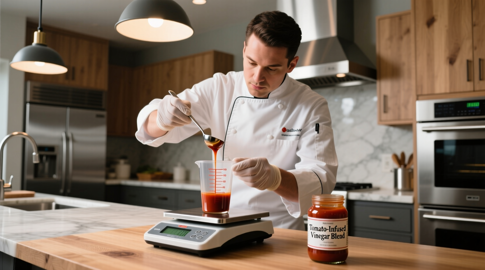 Chef measuring ketchup substitution in cooking