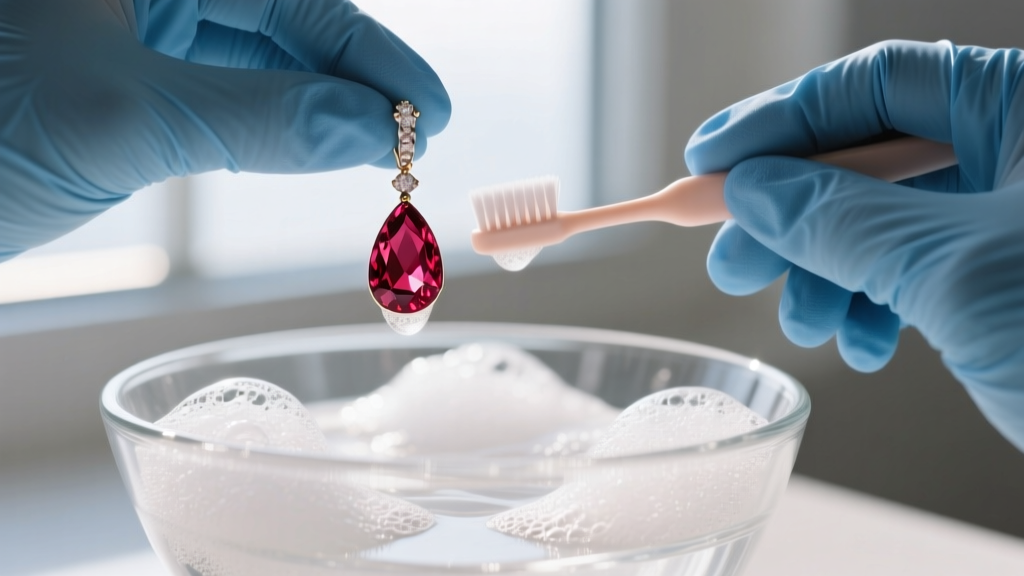 Hands wearing blue nitrile gloves gently brushing a delicate ruby drop earring with a soft baby toothbrush in a glass bowl of suds.
