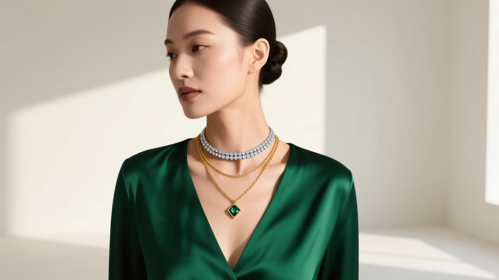 Woman wearing a layered stack featuring a 14-inch fake diamond choker and an 18-inch gold chain, paired with a deep V-neck blouse