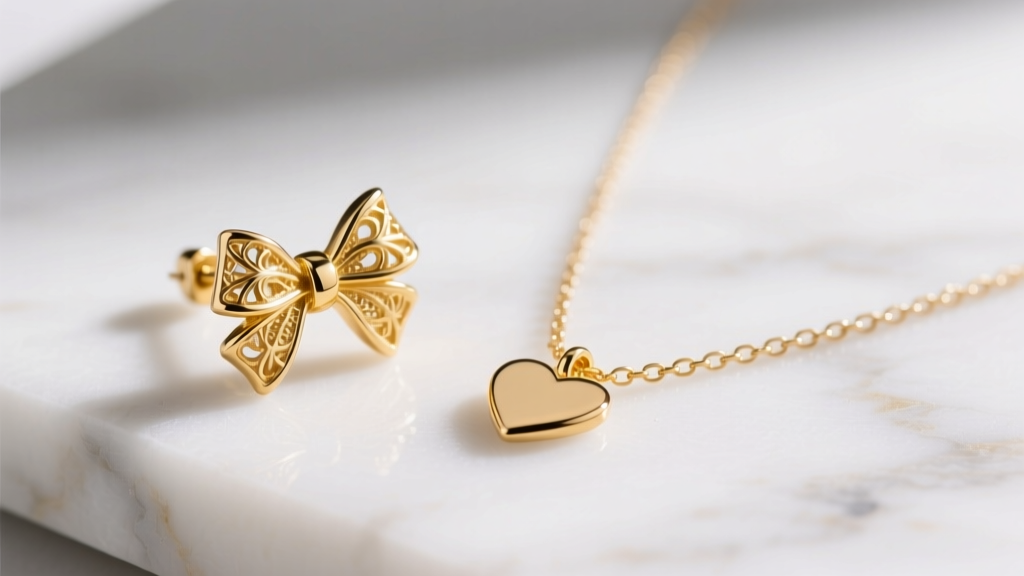 Macro shot of a 20-gauge gold vermeil bow earring post and clutch resting beside a delicate heart necklace chain on white marble.