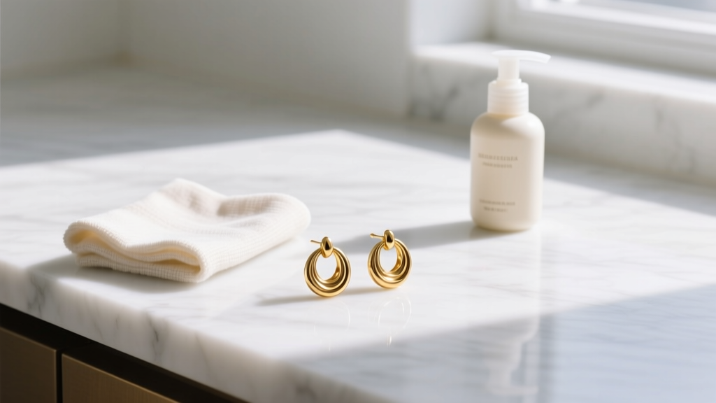 Microfiber cloth and mild soap beside gold vermeil earrings on a white marble counter, lit by bright natural window daylight