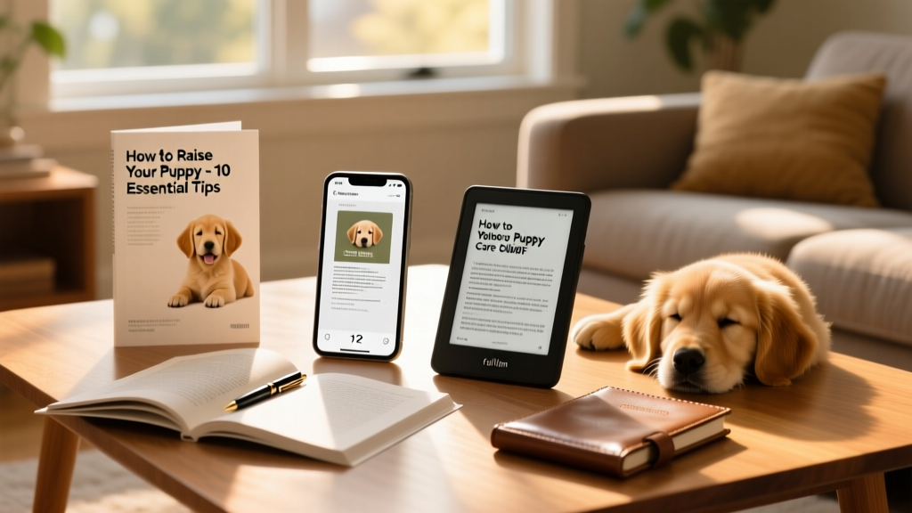 Side-by-side comparison of printed manual, smartphone screen showing PDF, and Kindle device displaying the guide