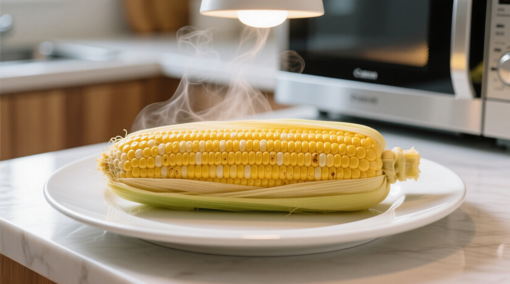 Fresh sweet corn cooked in microwave on white plate