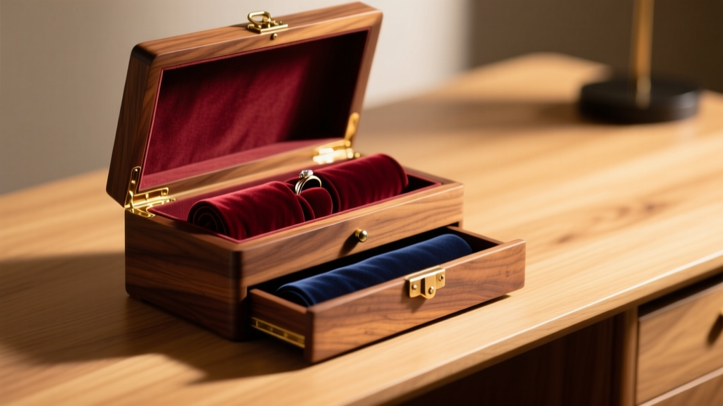 Walnut wood jewelry box with open drawers showing velvet ring rolls, illuminated by warm studio lighting on an oak desk