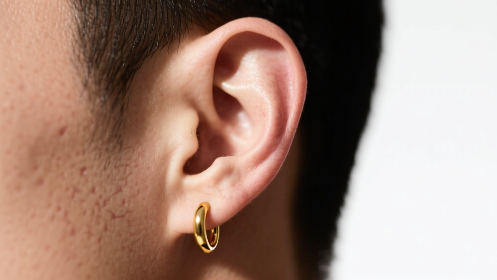 Side profile showing the clearance gap between a 10mm gold hoop earring and a standard male earlobe thickness under bright light