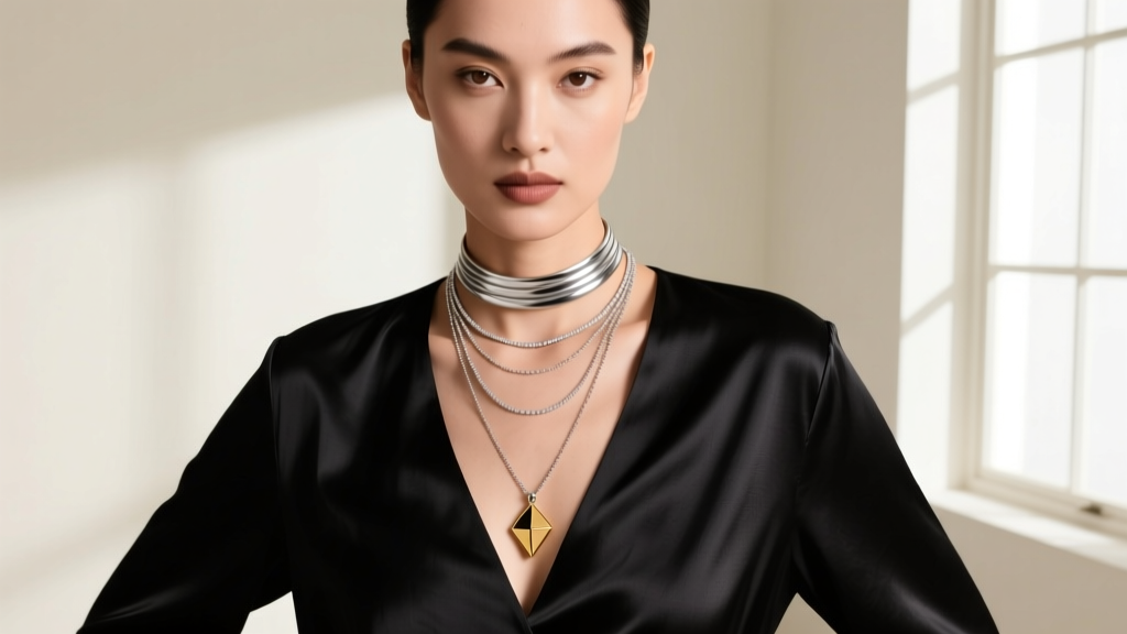 Model wearing a layered necklace stack with a 16-inch Dyadema choker and 20-inch pendant chain over a black silk V-neck blouse