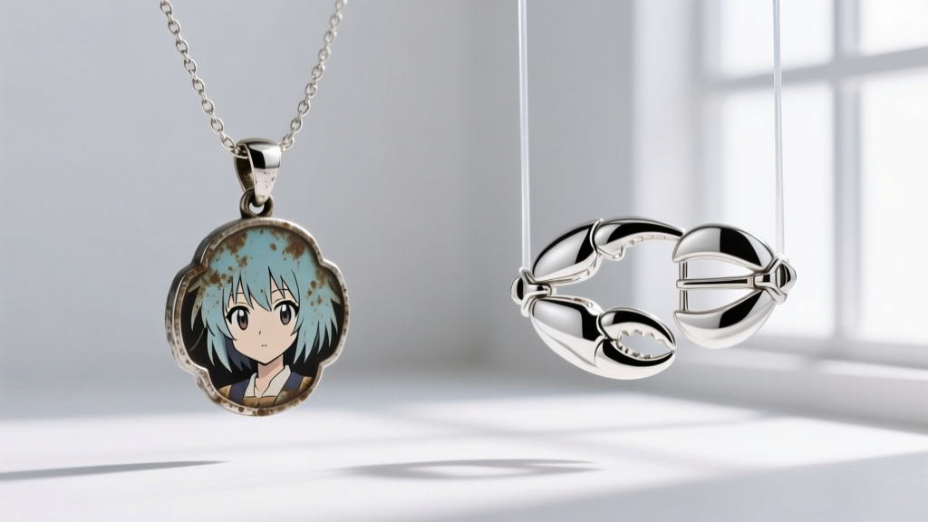 Comparison of a tarnished zinc alloy anime necklace clasp and a polished solid 925 sterling silver lobster claw clasp.