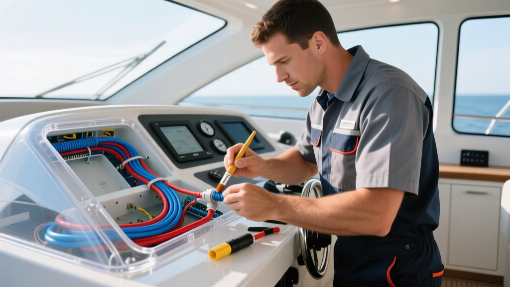 Marine electrician routing NMEA 2000 backbone cabling through a fiberglass helm console using dielectric grease on connectors