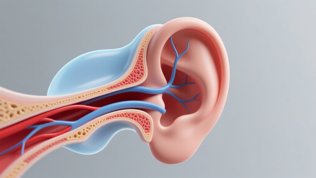 Medical illustration of the ear highlighting the vascular lobe and avascular cartilage regions using soft blue and red shading.