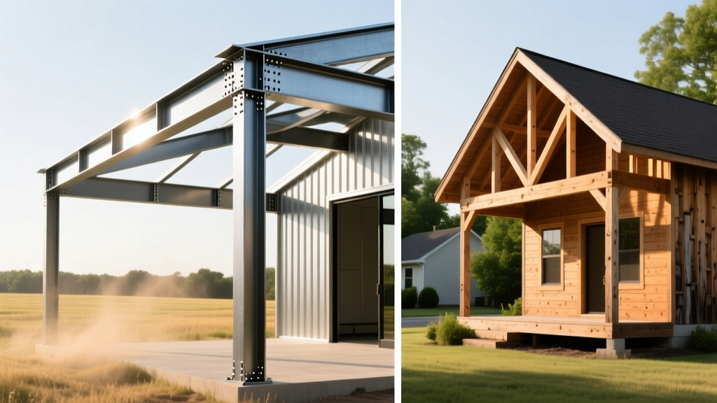 Split view comparing exposed steel barndominium framing with traditional wood stick-built house construction in bright daylight