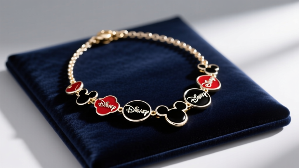 Gold-plated sterling silver girls crew Disney necklace with black and red enamel charms resting on a soft velvet display pad