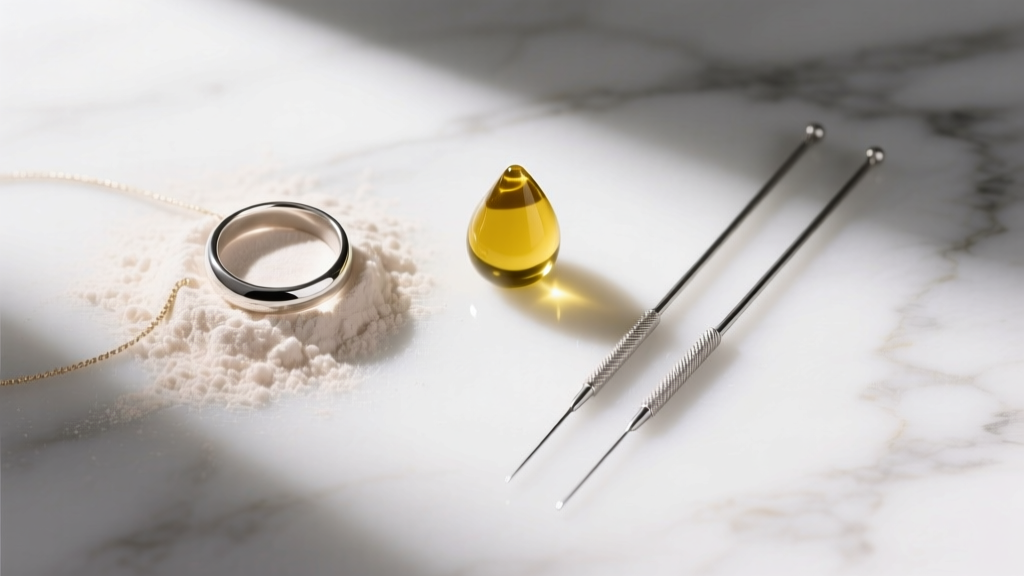 Overhead view of jewelry untangling kit with baby powder, olive oil, and two fine sewing needles on a clean white marble surface.
