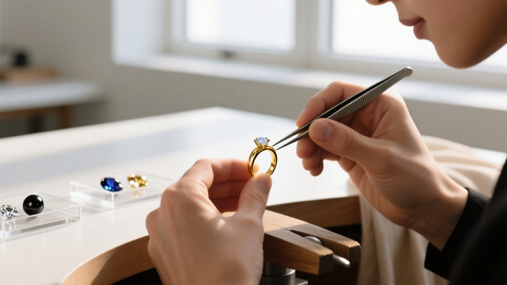 Jeweler's workbench showing a half-drilled pearl bonded to a gold peg next to a prong-set ruby under a bright magnification lamp.