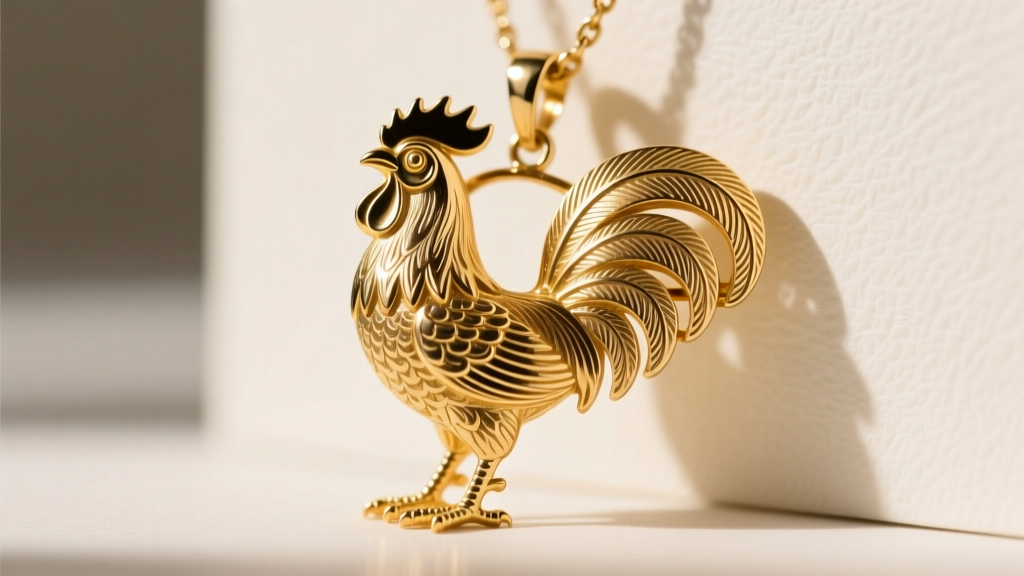 Close-up of an antique Victorian 15k gold rooster brooch converted to a pendant, showing hand-engraved feather textures