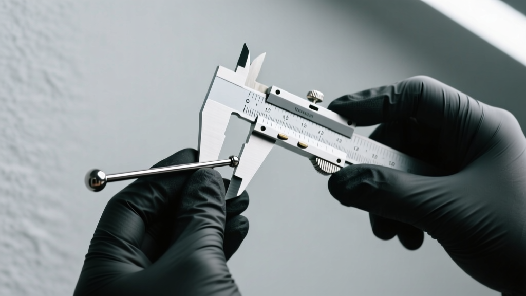 Piercer using sterile calipers to measure the angle of a custom-bent 12-gauge titanium surface barbell for a nape piercing setup