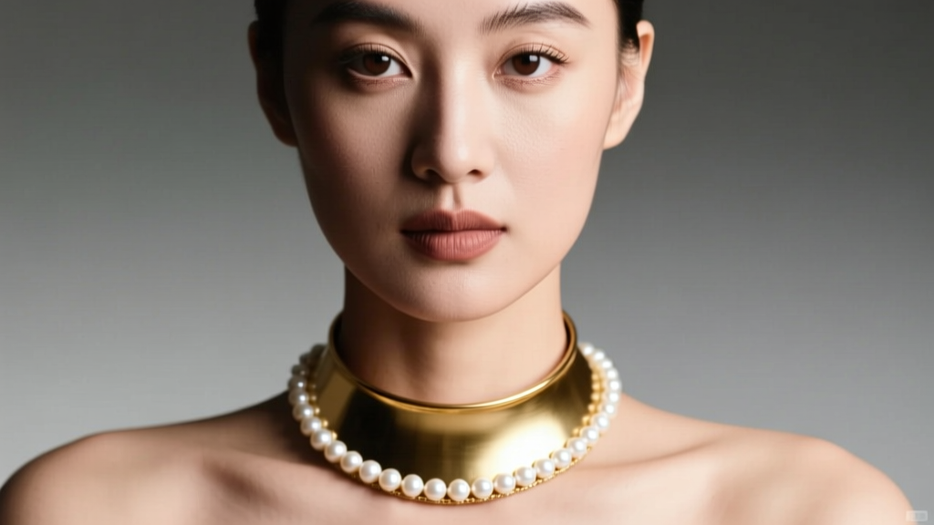 Close-up of a woman wearing an 18-inch gold tin cup necklace with 4mm white pearls spaced evenly under soft studio lighting