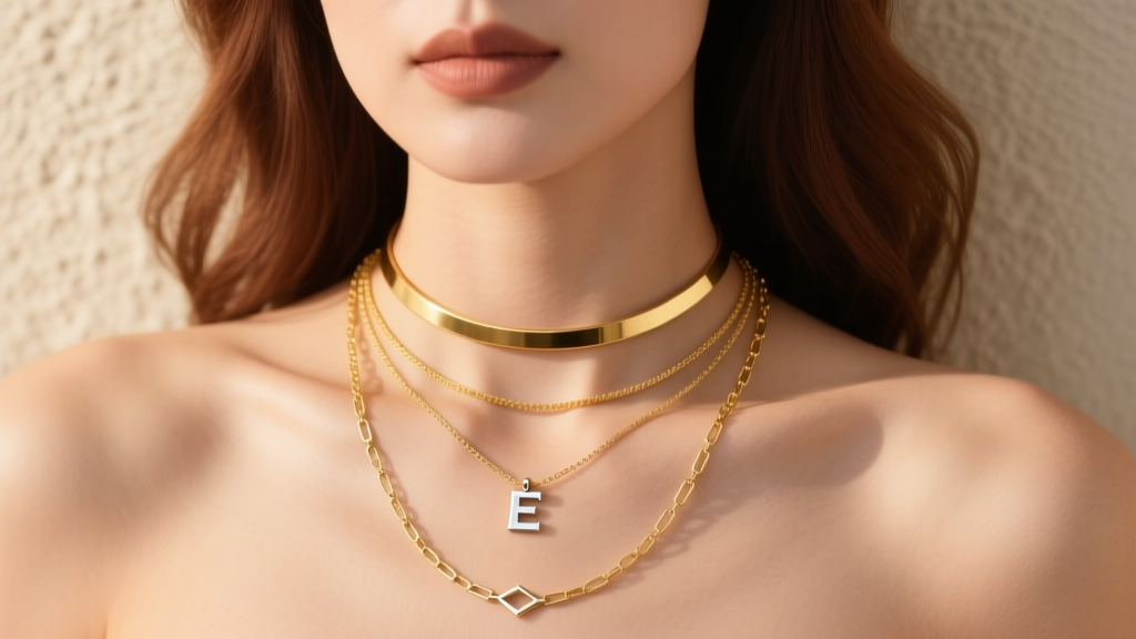 Woman wearing three layered solid gold necklaces, featuring a 16-inch choker, an 18-inch initial pendant, and a 20-inch chain